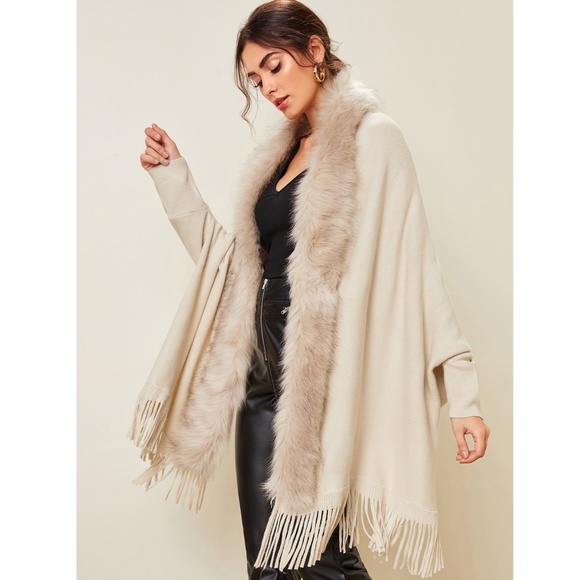 Rouge! Sweaters - Fur and Fringe Detail Open Beige Cardigan